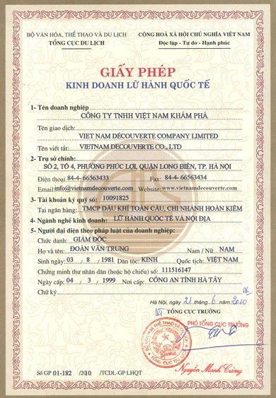 La licence d’un Tour opérateur International No GP-01-182/2010